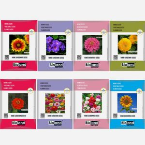 BIOLAND Spring Season Flower Seeds Combo of 8 | Gaillardia, Morning Glory, Portulaca, Sungold, Tithonia, Zinnia Double Mix, Balsam Dwarf and Sunflower seeds for Sowing